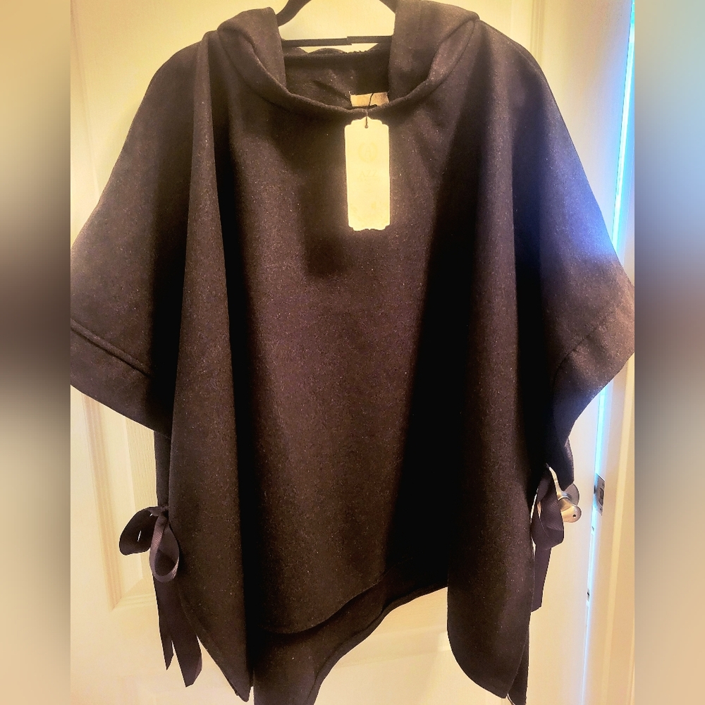 Chic Black Poncho with Side Bow Closures.